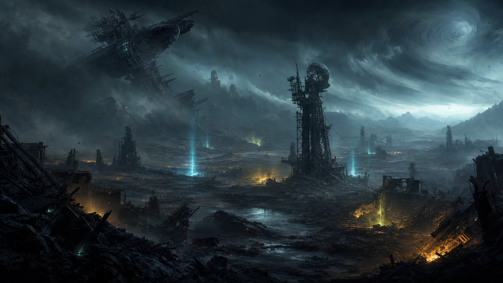 Ashfall wasteland with ruined relay towers, orbital wreckage, storm clouds, and cyan signal lights