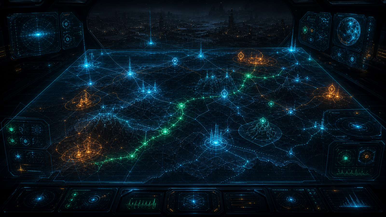 Holographic map table showing routes, hazard rings, relay nodes, and anomaly markers over a ruined region
