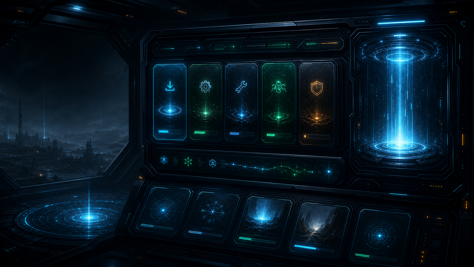 Cyberglass ECHO Launcher portal with abstract install cards, channel rails, and diagnostic lights